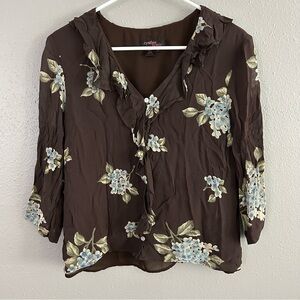 Cynthia Howie 100% Silk Chiffon Floral Ruffle Button Up Blouse Sz 10 Dogwood 90s